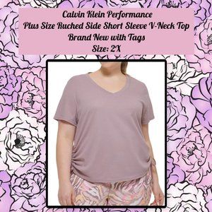 CK Performance Plus Size Ruched Side Short Sleeve V-Neck Top 2X
